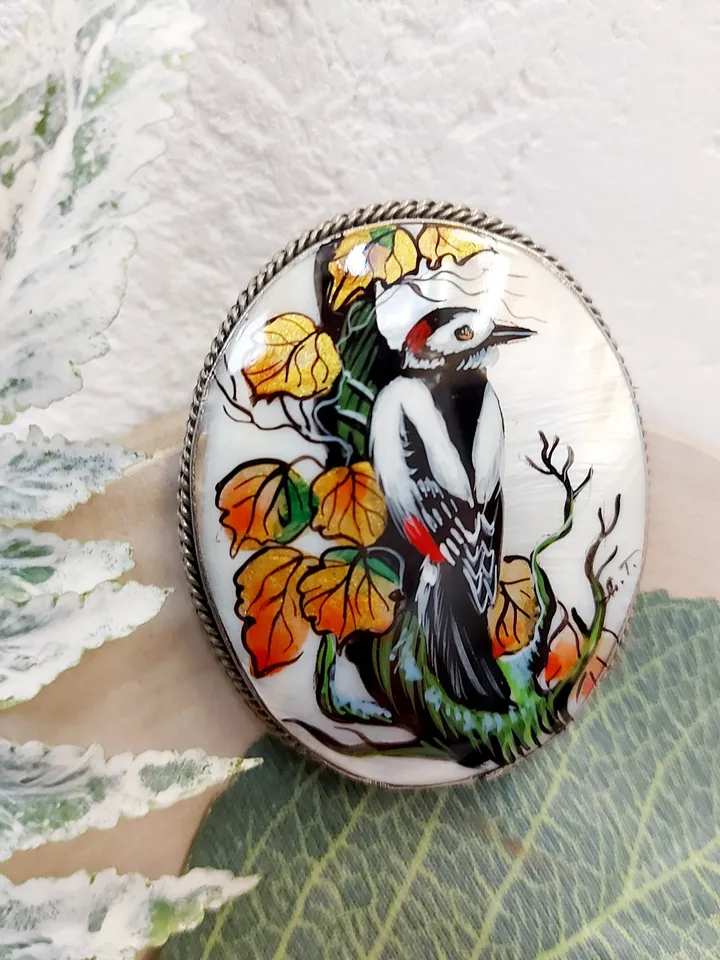 Handmade brooches for women with Forest Bird: hand painted mother of pearl brooch, elegant shell pin with Woodpecker in the forest