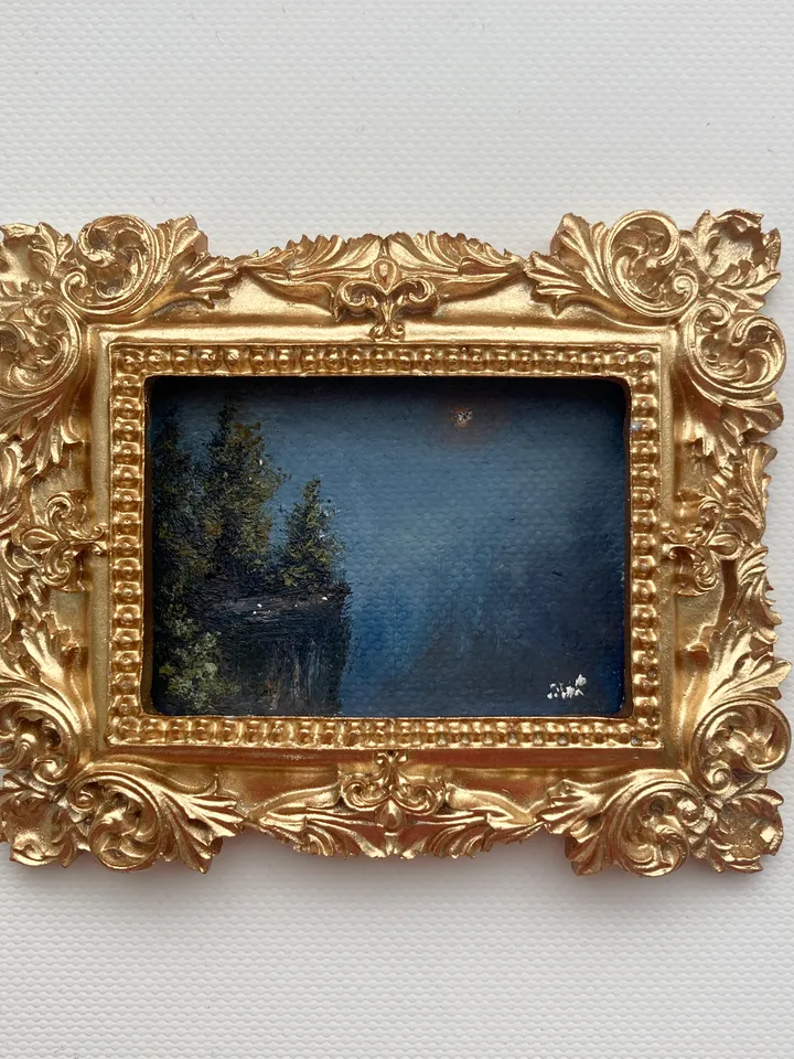 Small Landscape Oil Painting Framed Original Foggy Cliff Painting Antique Misty Art Gold Frame Tiny Paintings 3 x 4 Art