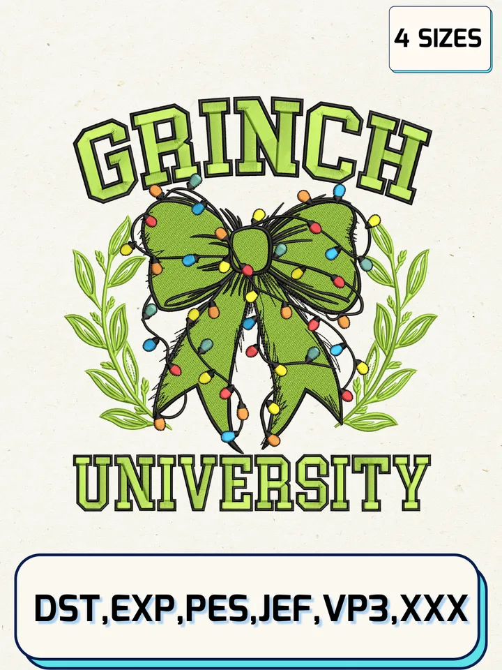 Grinch University Coquette Bow Embroidery Design Files,Christmas Embroidery Designs,Machine Embroidery Files,4 Sizes