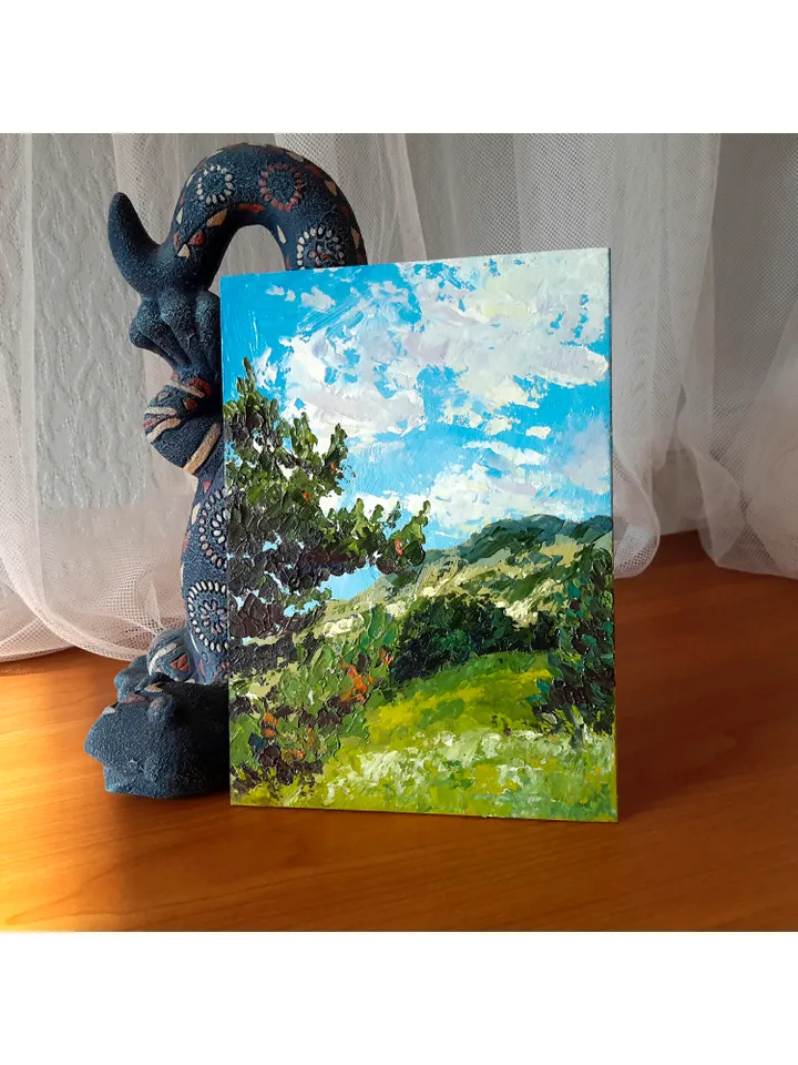 Pine Tree Original Oil Painting Small Landscape Impasto Wall Art.