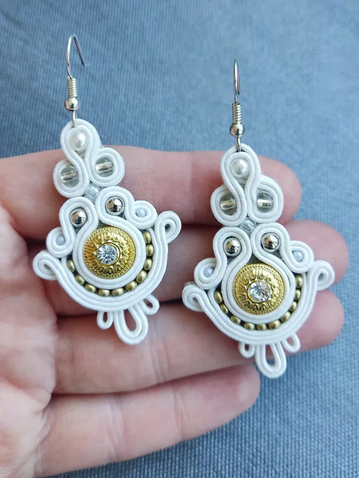 Wedding Earrings, White and Gold Earrings, Bridal jewelry, soutache embroidery