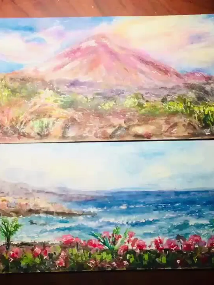 Tenerife,Canarias original watercolor panoramic painting,Teide mountain,Puerto de la Cruz beach,holiday islands memory,unique handmade gift.