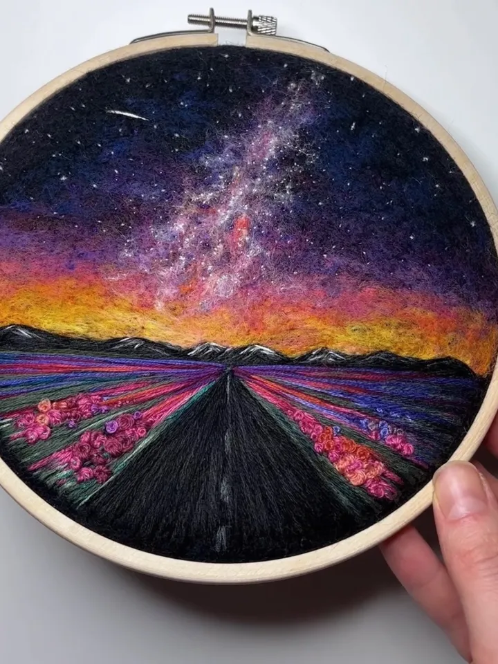Embroidered and needle felted painting "Cosmic skyway"