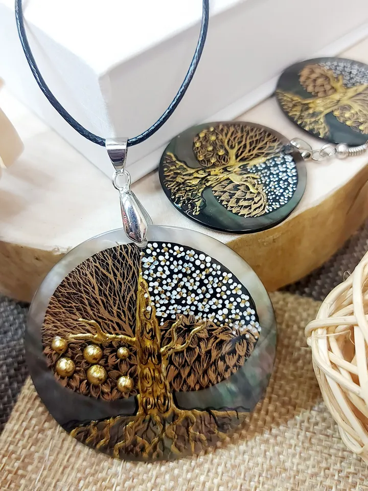 Seasons of Life: Artistic Tree of Life Pendant and Earrings Set - Hand-Painted by Skilled Artisans inspired by Gustav Klimt's Masterpieces