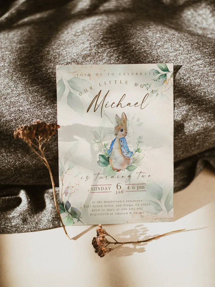 Peter Rabbit First Birthday Invite; Bunny Baby Birthday Invitation template; Our little bunny turning one; neutral bunny birthday invitation