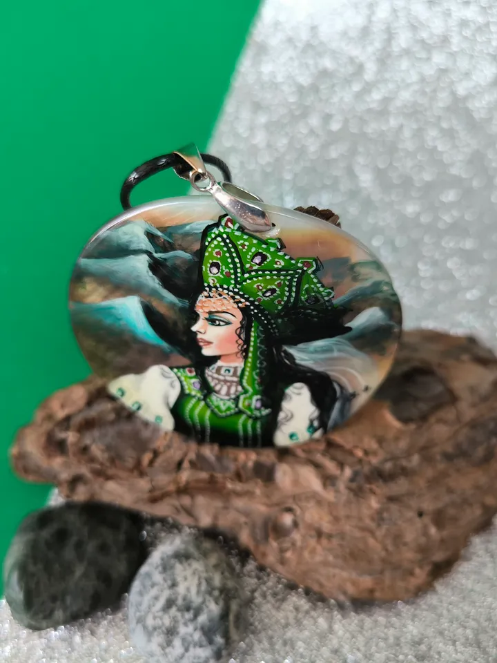 Pearl pendant necklace: Mistress of the Copper Mountain painted on elegant pendant. Russian cutie on handmade jewelry shell. Outstanding art