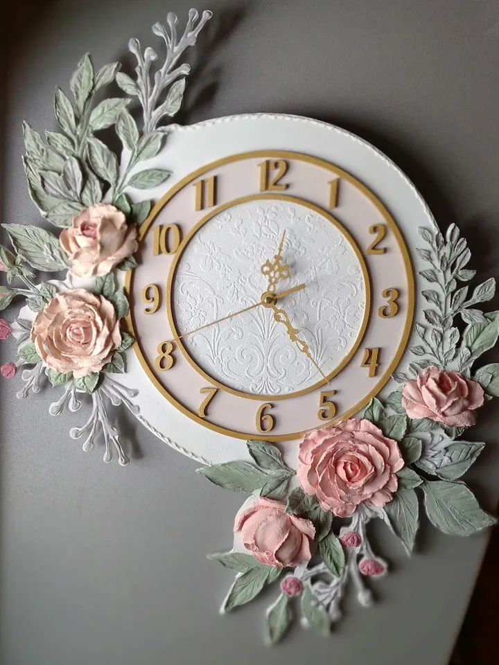 Large white wall clock with roses in shabby chic style Silent clock for bedroom, living room or girl's room Gift for Christmas, Birthday, Mother's Day, Wedding, Housewarming