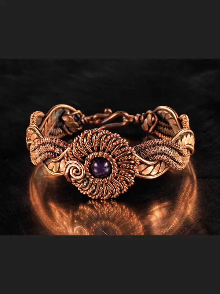 Copper wire wrapped Amethyst bracelet for woman, Statement flower jewelry, 7th Anniversary gift for her woman, Unique copper jewelry, Braided Art Nouveau antique style bracelet, Oxidized pure copper, Handmade