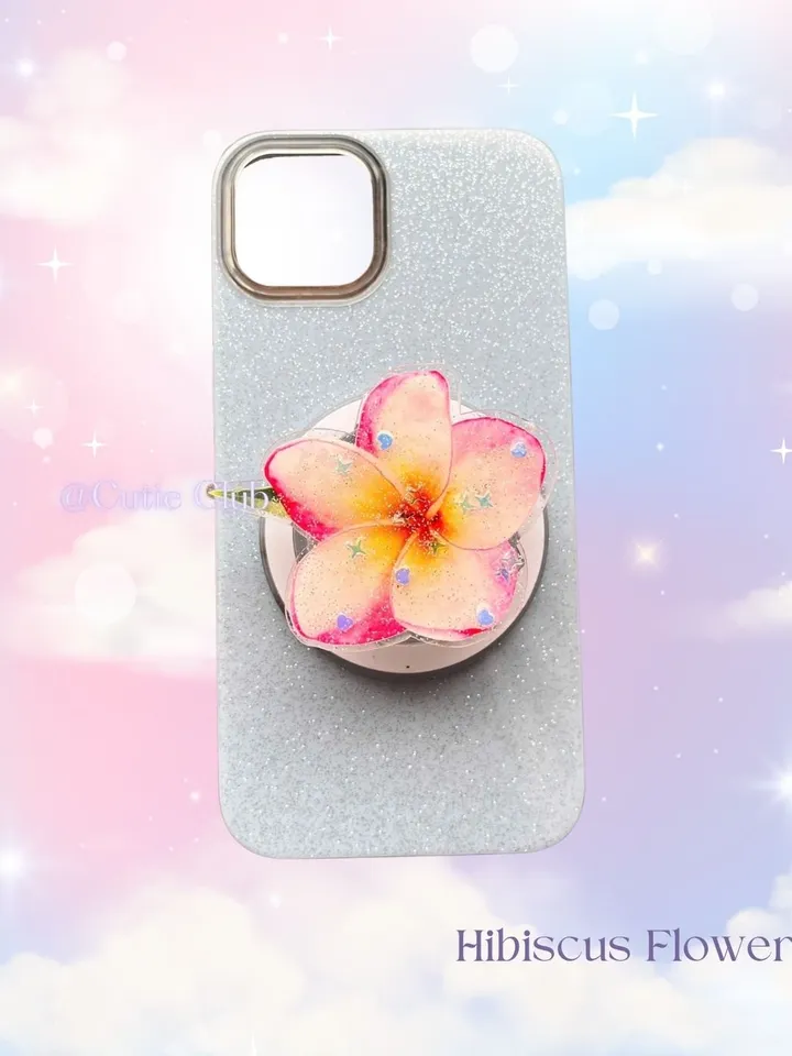 Magsafe White Pink Hibiscus Flower Phone Grip For Phone And Kindle, Elegant Floral Phone Grip, Phone Accessory, Flower Popsocket