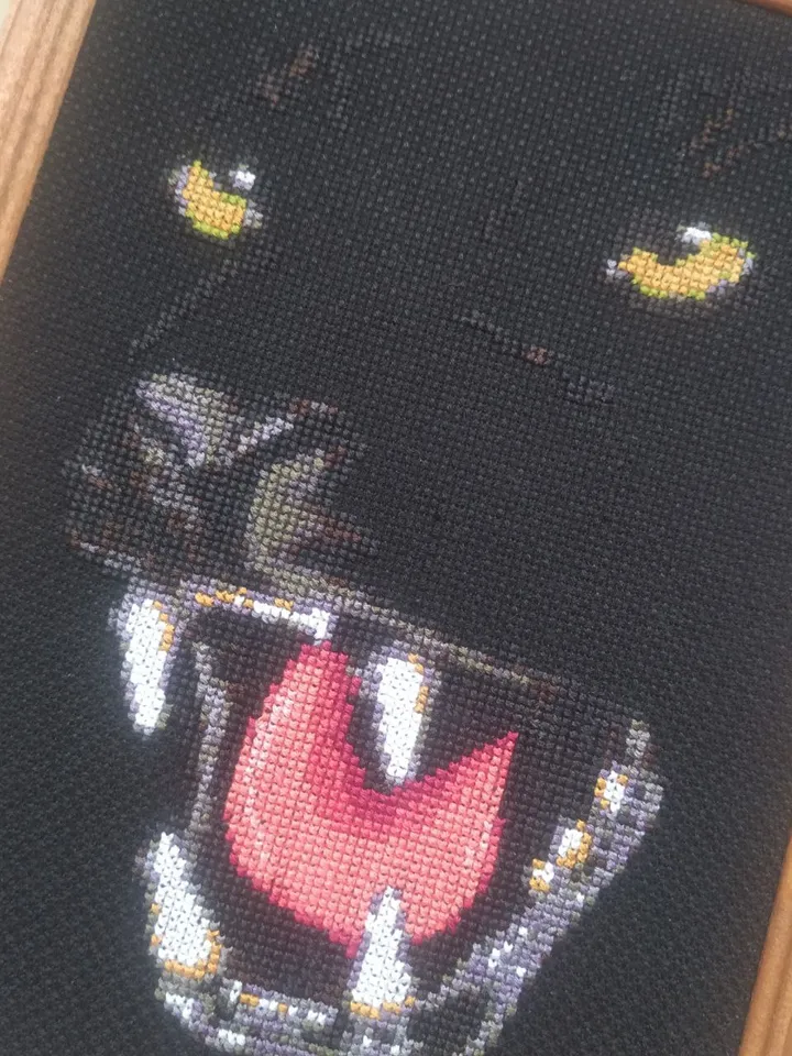 Panther Portrait Wall Art Decor, Finished Cross Stitch, Wild cat Embroidery Art Print, Black Wall Art, Original Gifts