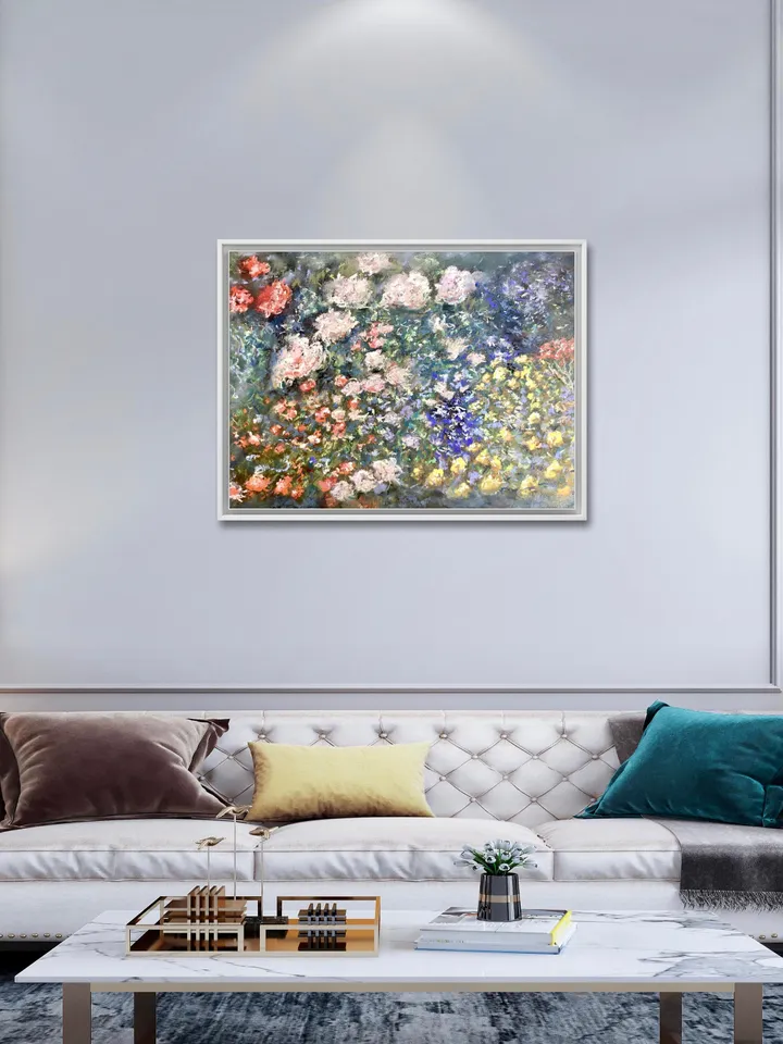 Flower garden,original soft pastel painting on sand paper,Flowers painting Klimt inspired,colourful soft pastel wall art,garden painting.
