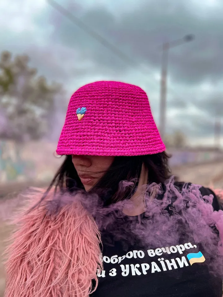 Pink bucket hat, panama Kalush Eurovision 2022, crochet summer panama, beach hat, Ukrainian artist, drawstring hat