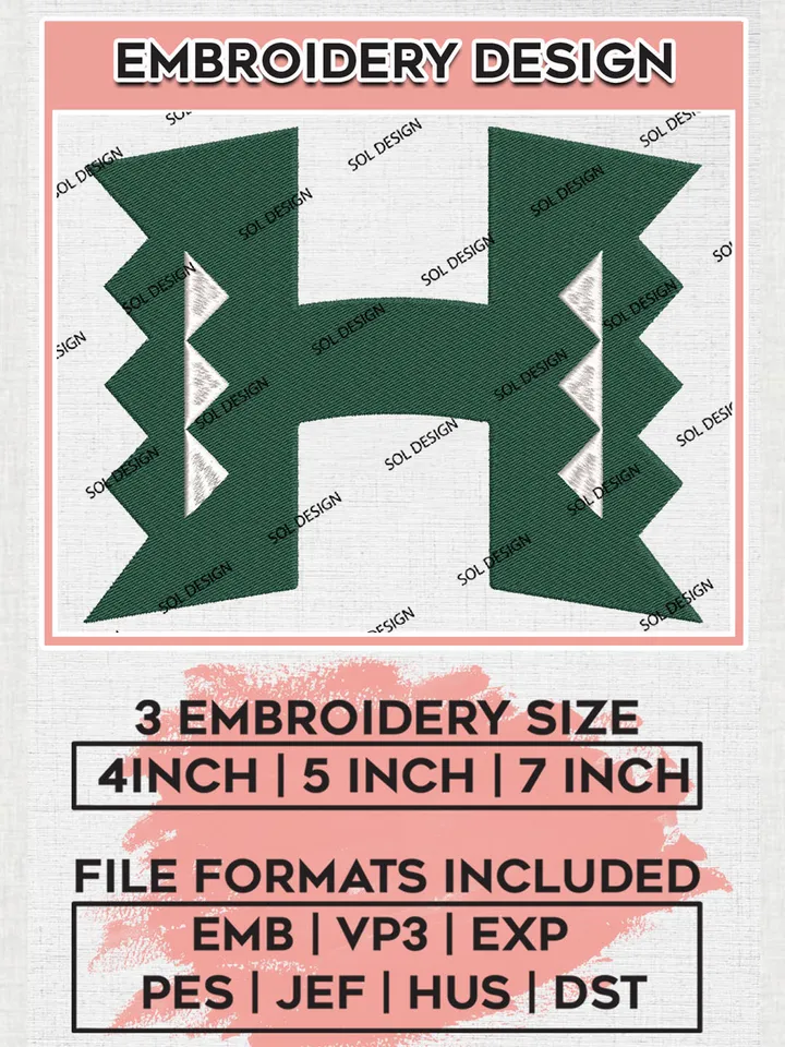 NCAA Hawaii Rainbow Warriors Team Letter Logo Embroidery Design Files, NCAA Hawaii Rainbow Warriors Machine Embroidery, NCAA Teams, Game Day, 3 sizes, NCAA Machine embroidery designs, Digital Download