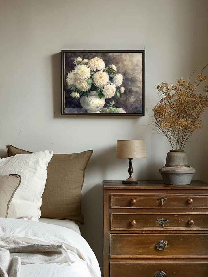 Bouquet of white chrysanthemum in a vase watercolor drawing, digital illustration, digital painting , wall art decoration. AI