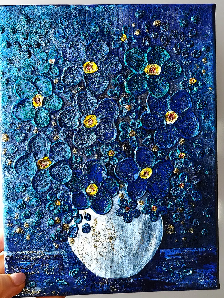 Flower Bouquet Blue Textured Painting Wall Decor