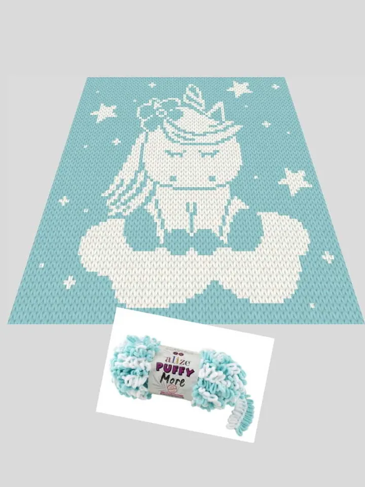 Loop yarn Finger knitted Unicorn on the cloud blanket pattern