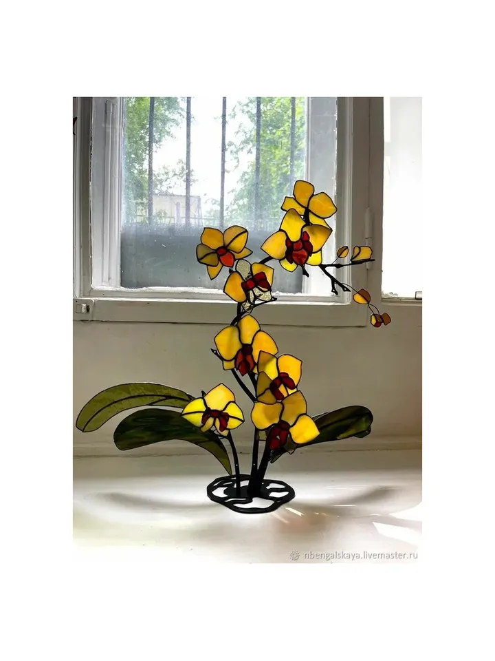 Yellow Orchids Stained Glass. Bouquet in Tiffany Technique, Yellow Orchids. Bouquet in Tiffany Stained Glass Technique, Stained Glass Yellow Orchids, Bouquet in Tiffany Stained Glass Technique