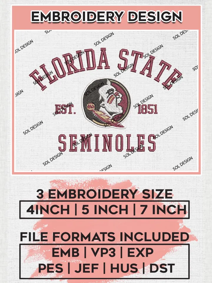 Florida State Seminoles Est 1851 Embroidery Designs, NCAA Florida State Seminoles Team Embroidery, NCAA Team Logo, 3 sizes, Machine embroidery Files, Digital Download