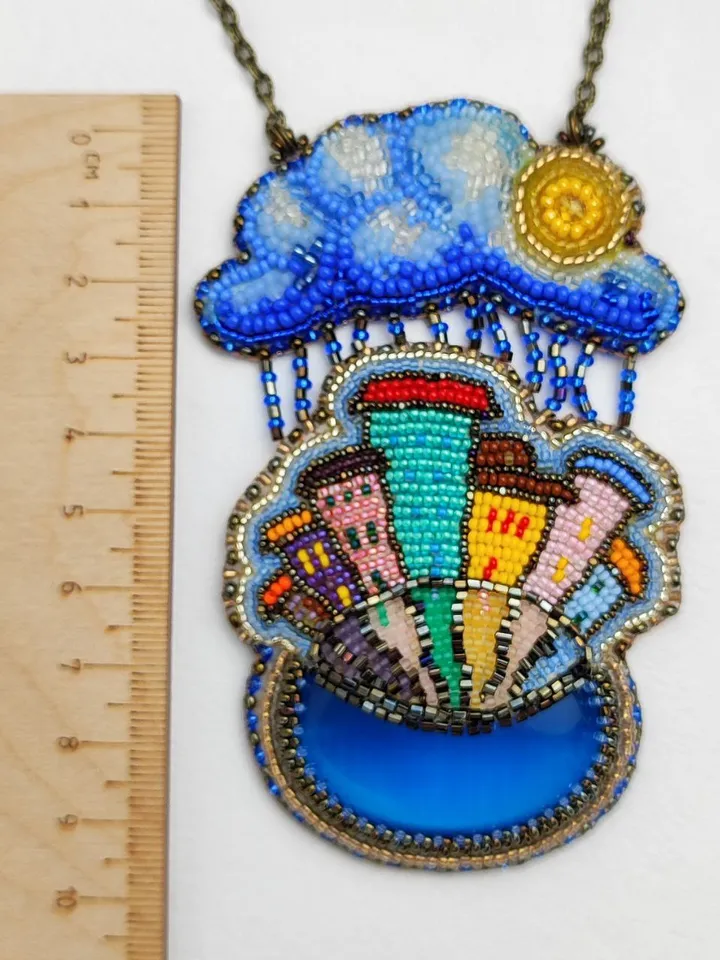 Pendant necklace Rain in the city embroidered landscape jewelry 6,5 by 10 cm