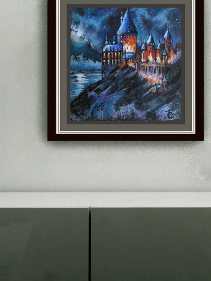 Oil pastel painting of Hogwarts castle 29,5x29 cm (11,6 х 11,4 inches).