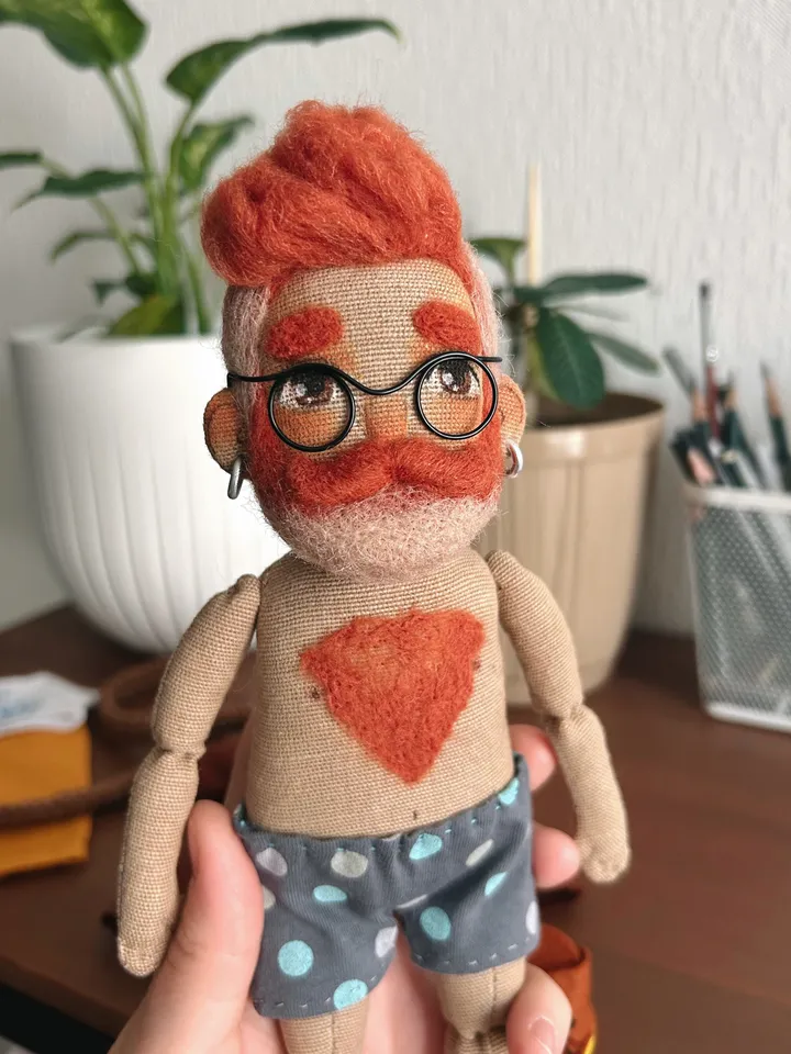 Textile art doll bearded man with ginger hair