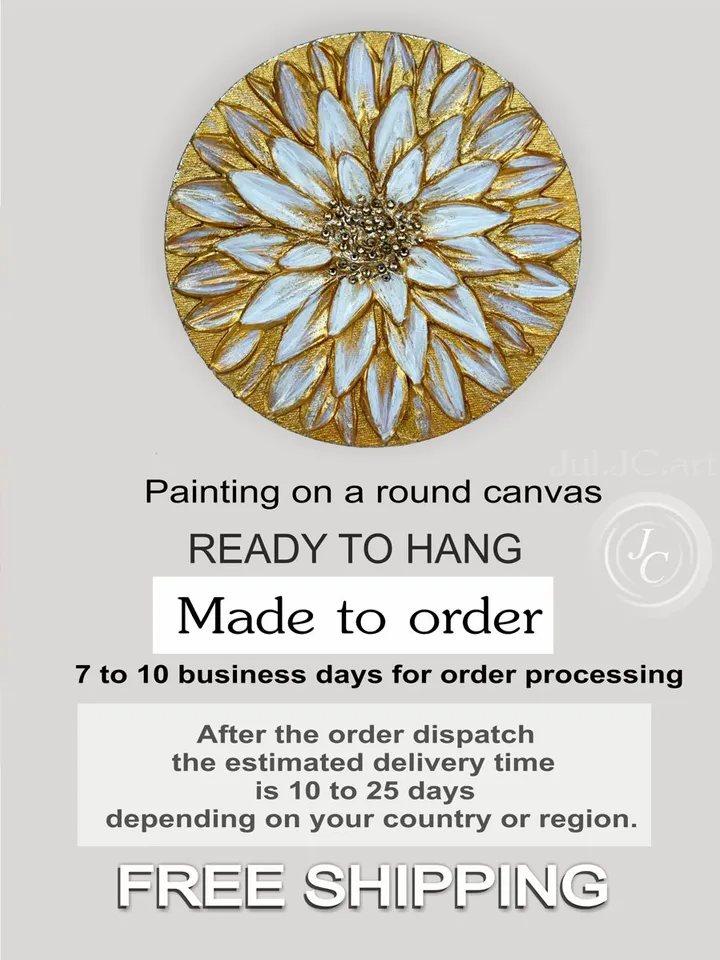 Golden Daisy art Floral Abstract Original Painting Textured artwork on a round canvas | Gold Flower wall art with gold crystals