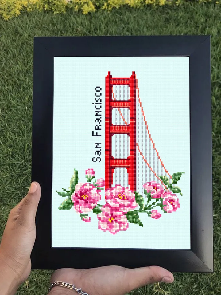 USA cross stitch pattern download PDF Golden gate bridge pattern digital PDF Spring flowers cross stitch chart Nature embroidery #E12
