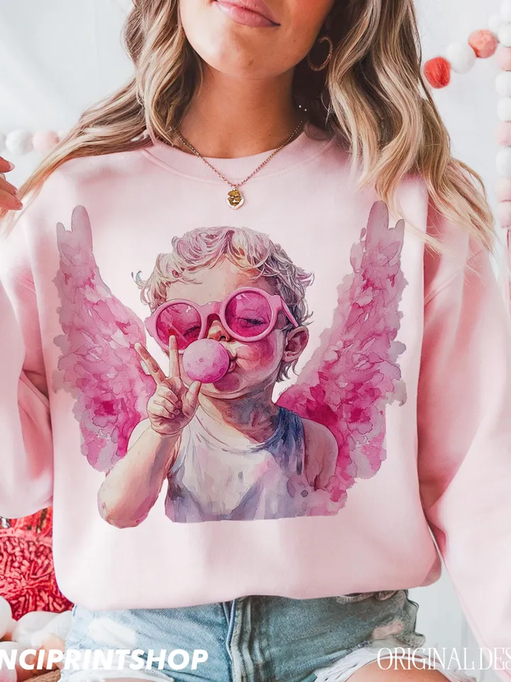 Retro Cupid Valentines Day Blowing Bubble PNG, Vintage Valentines Day png, Funny Cupid With Sunglasses png, Valentines Day png, Cupid png