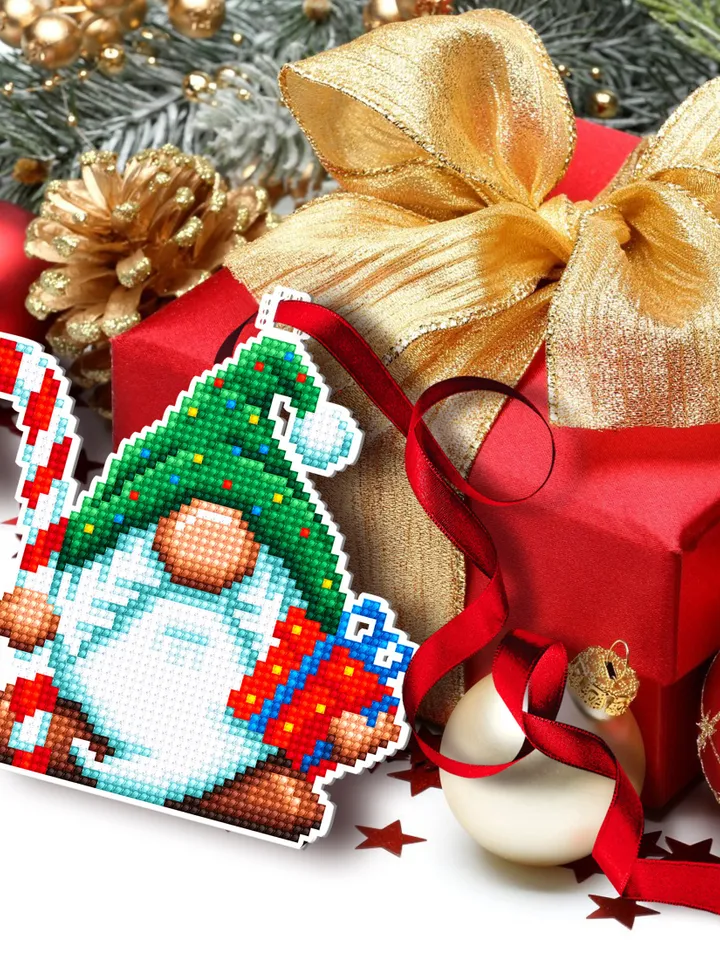Gnome Christmas tree decor for plastic canvas cross stitch pattern PDF download Double-sided Christmas gnome on plastic canvas pattern #N98