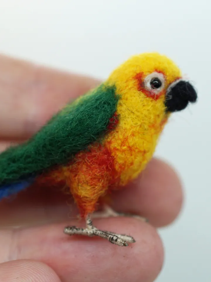 Miniature needle felted jenday conure, tiny parakeet, pet portrait