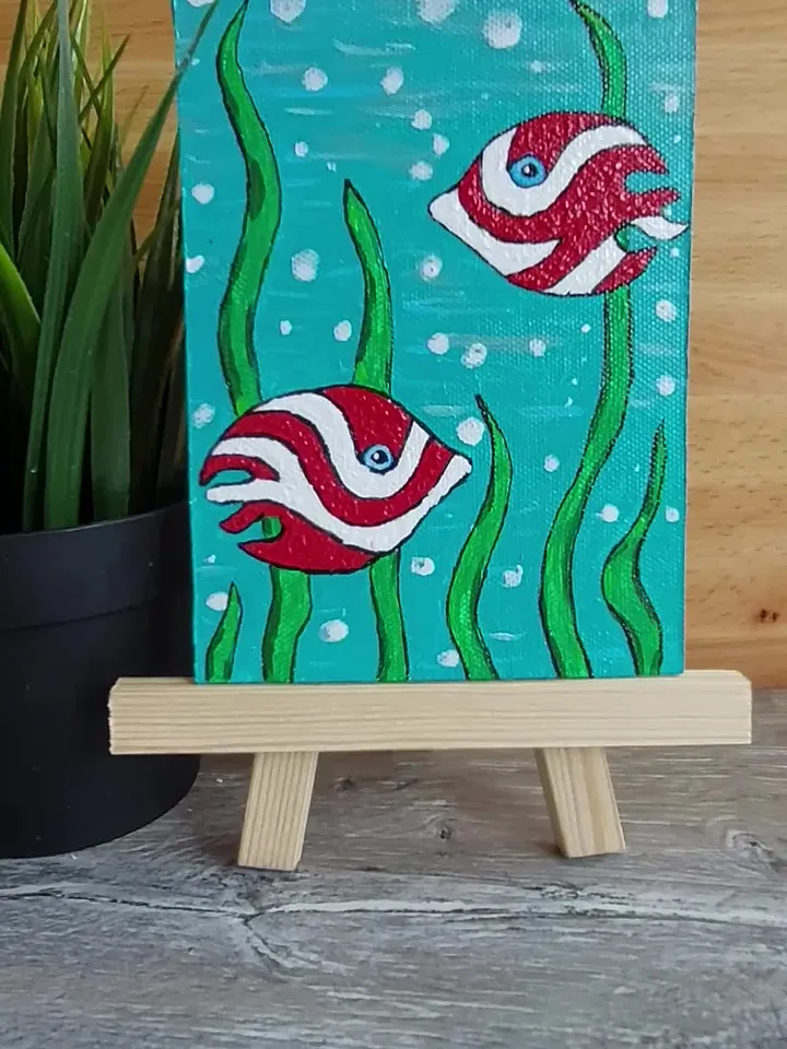 Mini painting with the image of "Fish in the water", Original design, Painting on the panel