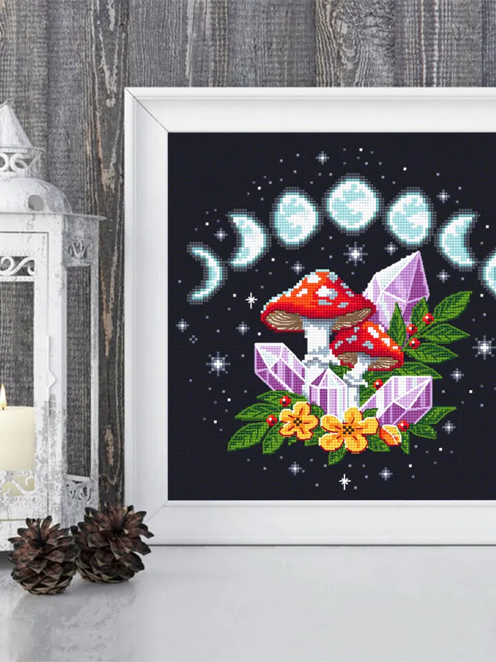 Moon phases cross stitch pattern download PDF Magic mushroom crystal cross stitch chart, Amanita mushroom cross stitch, Starry night #H52