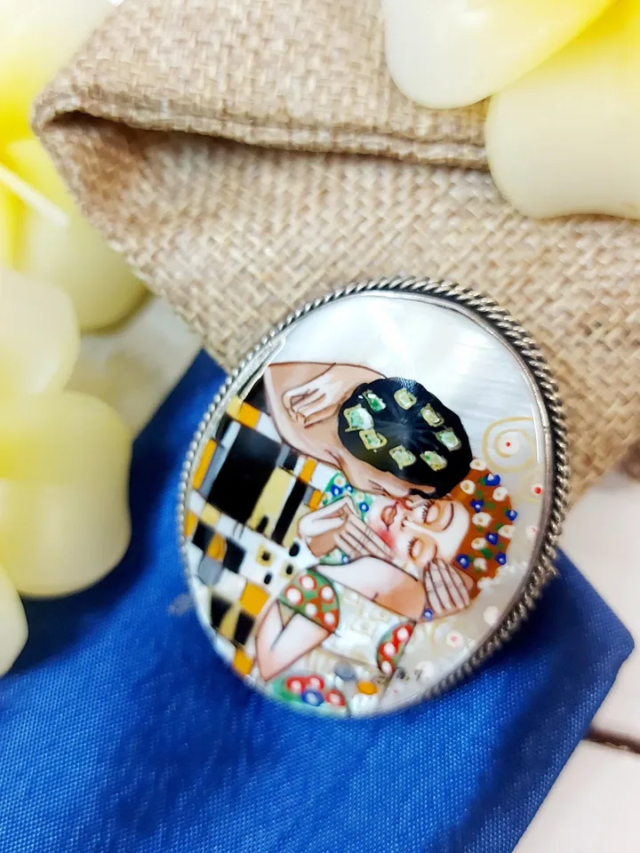Brooches for women: Gustav Klimt "The Kiss" on handmade pin for dress, original Art Nouveau pins made from mother of pearl shell