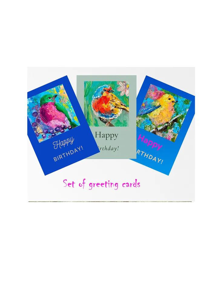 Set of 3 Birthday card with bird, Robin. Goldfinch, Digital greeting cards, Printable bird card, Birthday E-Card