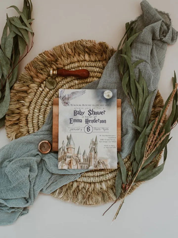Wizard Baby Shower Invitation; Magic School Baby Schower Invite template; A Magical Bundle on the Way; Magic School Invite editable canva