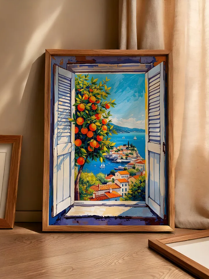 Henri Matisse Inspired Open Window Print Fauvism Coastal Scene Orange Tree Boats Mediterranean View Digital Wall Art Instant Download HMS4
