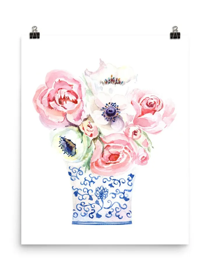 Chinoiserie Vase Flower Ginger Jar Print Watercolor Painting Blue And White Asian Flower Chinese Art Flower Painting Floral Art Print