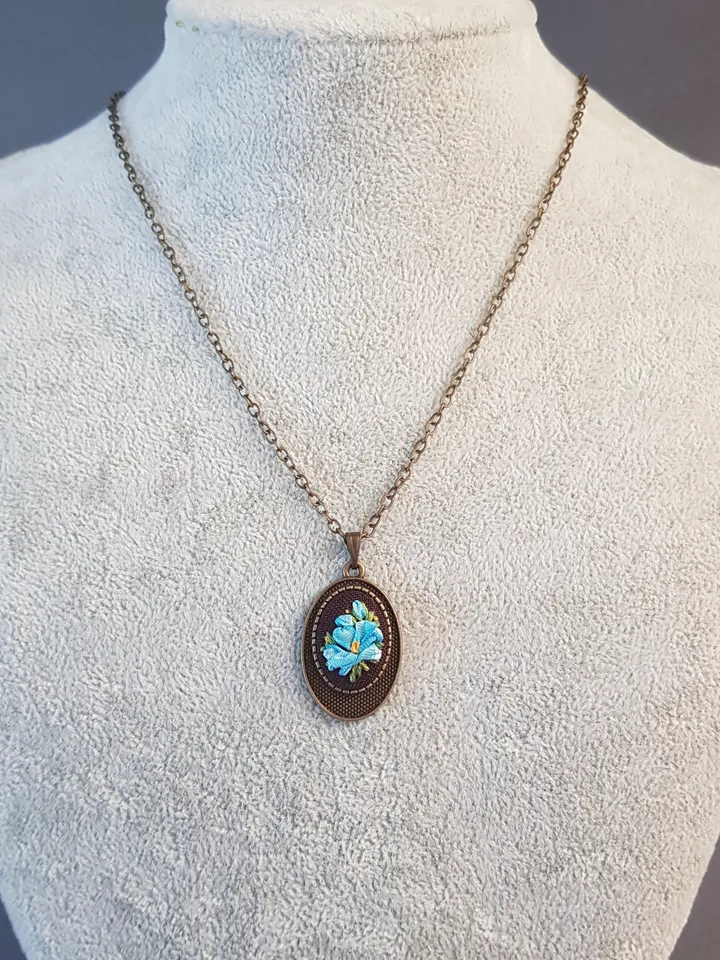Ribbon embroidered pendant for her, blue jewelry embroidery