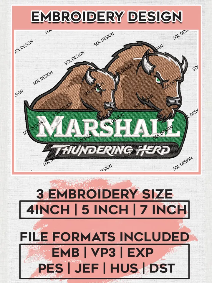 Marshall Thundering Herd Team Logo Embroidery Design Files, NCAA Marshall Thundering Herd Machine Embroidery, NCAA Teams, Game Day, 3 sizes, NCAA Machine embroidery designs, Digital Download