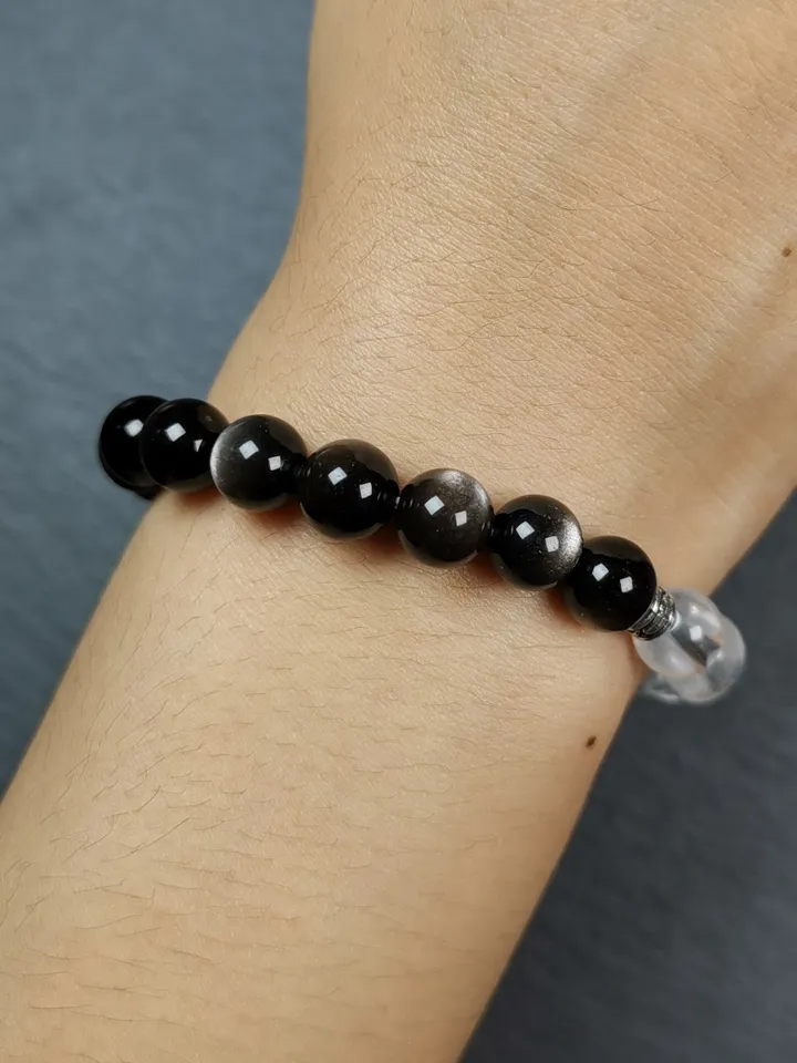 Gandhanra Handmade Tibetan Obsidian + Crystal Wrist Mala, 0.3" Prayer Beads Bracelet,7.5 inches Circumference
