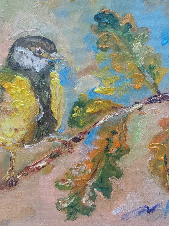 Oil painting on canvas "Birds. Tit". 20x20 cm (8x8 inches)