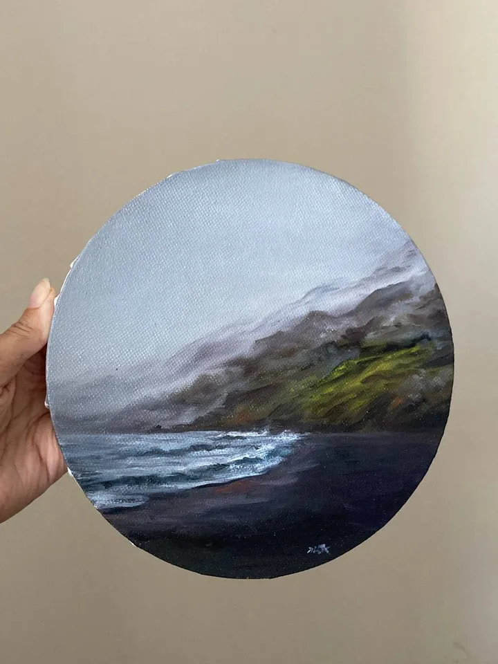 Small Landscape Round Oil Painting Dark Ocean Art Original Moody Victorian Painting Coastal Wall Decor 8 by 8 Art