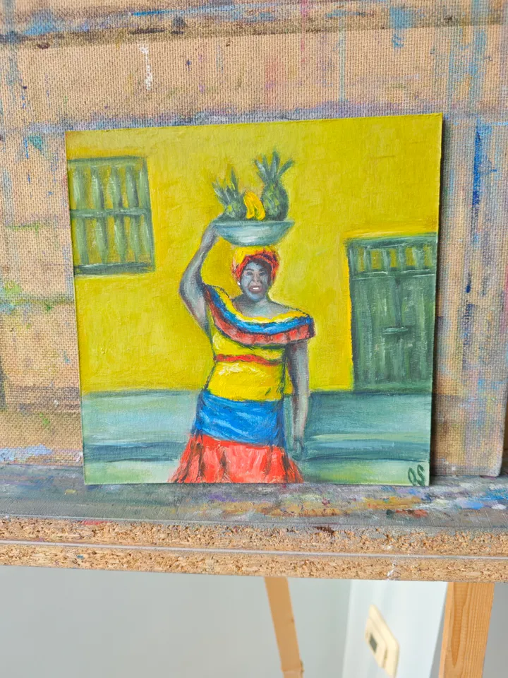 Latina Original Painting Colombian Woman Original Art Bright Latina With Fruits Modern Artwork Woman Bright Dress Wall Decor 8 x 8 inches by OlgaSokolovaArt