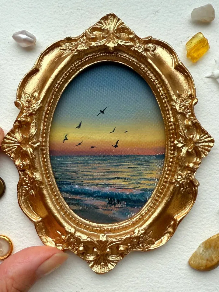 Ocean Sunset Landscape Oil Painting Original In Vintage Style Frame Small Framed Antique Style Painting Art Vintage Seascape Painting Coastal Artwork