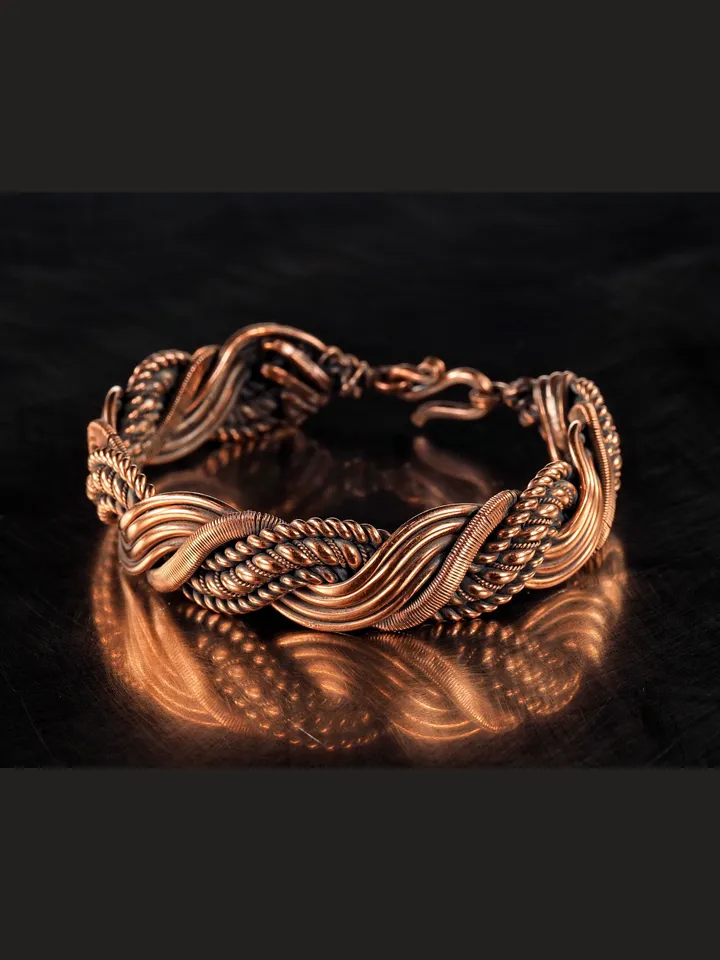 Wire wrapped bracelet, Unique 7th 22nd Anniversary gift idea, Art Nouveau antique style, One of kind braided statement bangle, Handmade oxidized pure copper jewelry, Pain relief, EMF protection
