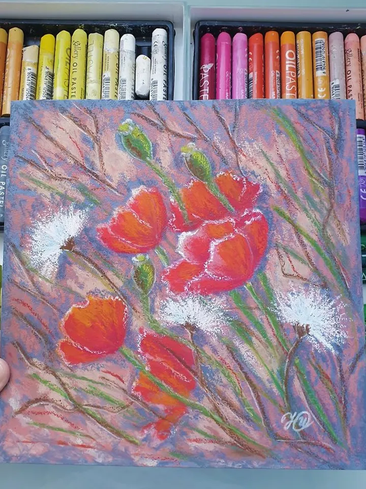 Red Poppies Painting Wildflowers Original Art Meadow Drawing Oil Pastel Painting