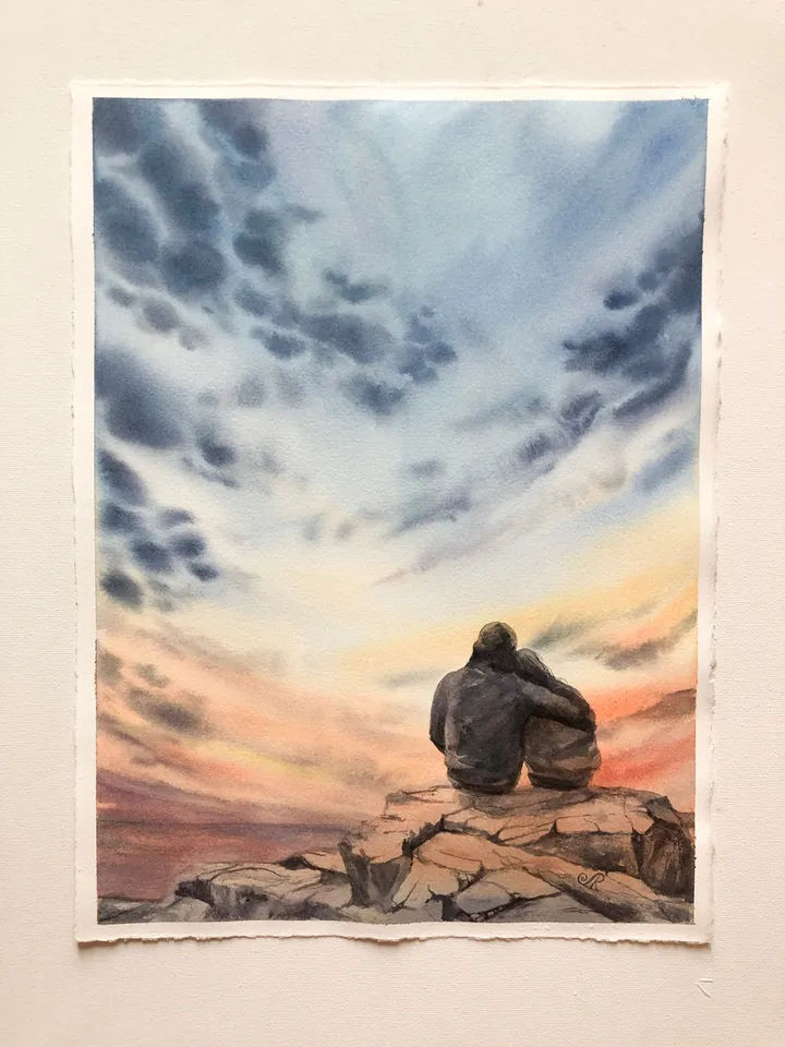 Sunset Original Seascape Painting Watercolor Romantic Painting Love Art