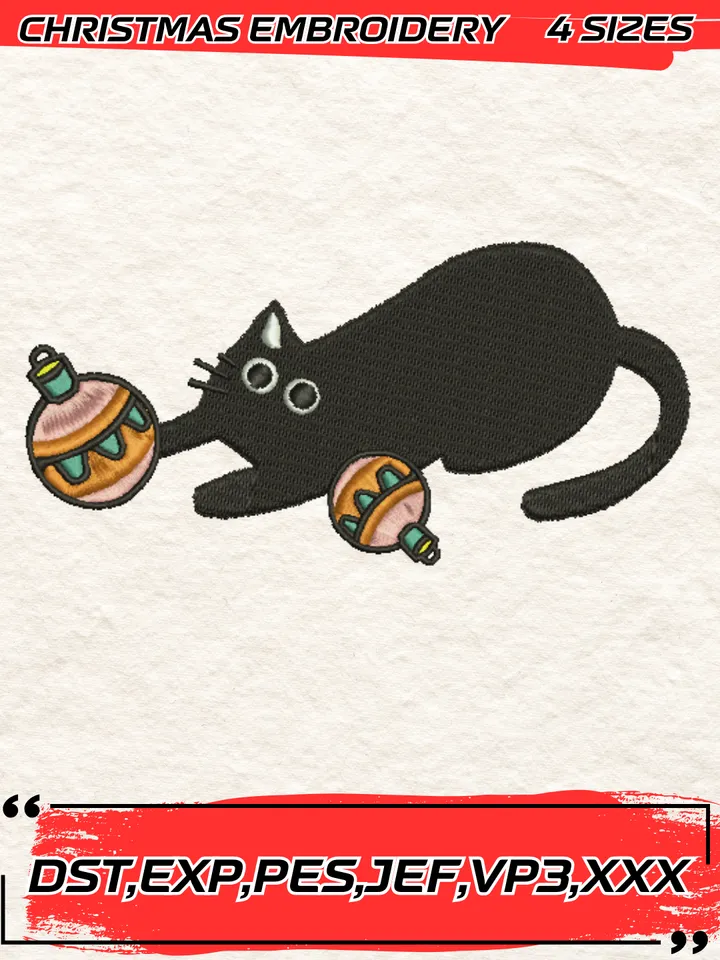 Black Cat Christmas Embroidery Design,Christmas Embroidery Design,4 Sizes, Digital Download