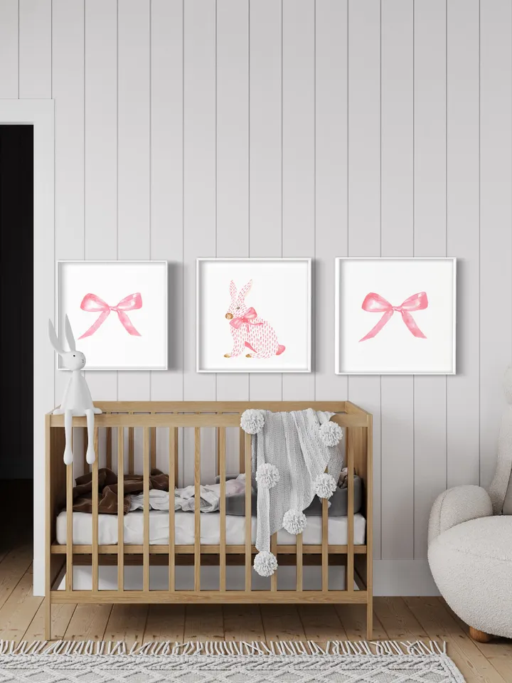Pink Bow Watercolor Painting Wall Art Print, Baby Girl Gift, Bow Wall Art, Newborn Girl, Pink and White,Pink Chinoiserie Print, Giclee Print