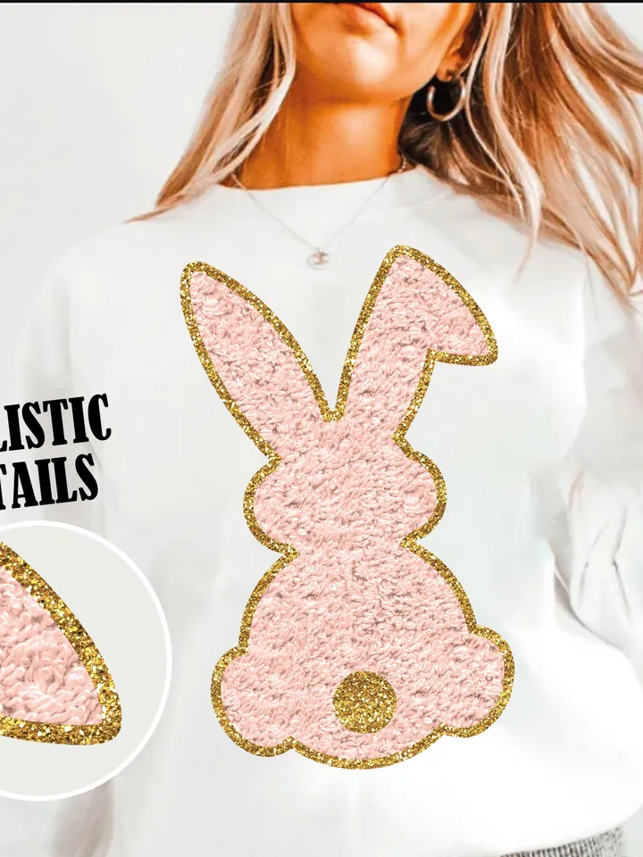 Chenille Bunny PNG White Easter Bunny PNG Faux Chenille PNG Rabbit Easter Vibes Cute Easter Shirt Design